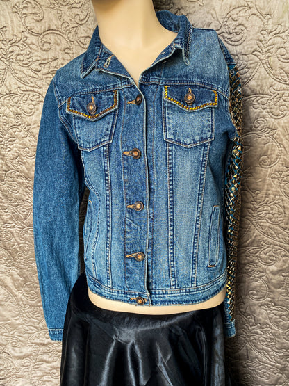 Blue Denim Embellished Jacket - Rocker Glam - Extra Small - Gold Sequin Angel Wings - Punk Studded Sleeves - Y2K Western