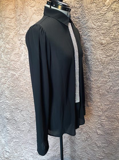 Michael Kors Black Sheer Blouse - Rhinestone Embellished Long Sleeve Button Down Shirt - Elegant, Modern - Small