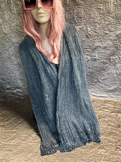 Beautiful Grey Silk + Wool Scarf - Sequin Beaded Border - Bohemian Wrap Shawl
