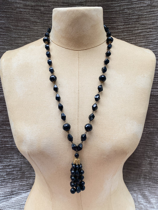 Vintage Black And Gold Tone Faceted Bead Tassel Pendant Necklace - Retro Statement Jewelry