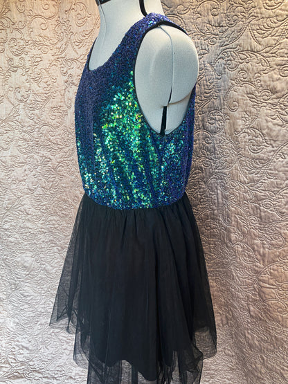 Blue Green Iridescent Sequin Black Tulle Mini Dress - Sleeveless, Elastic Waist - Sparkly, Mermaid - Divided - Size 12