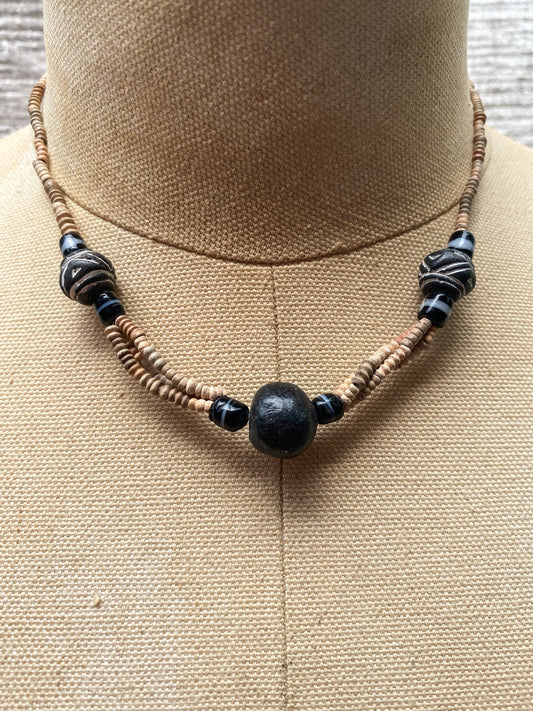 Vintage Earthy Tribal Style Wood Necklace - Earth Tones - Retro Surfer Hippie Jewelry
