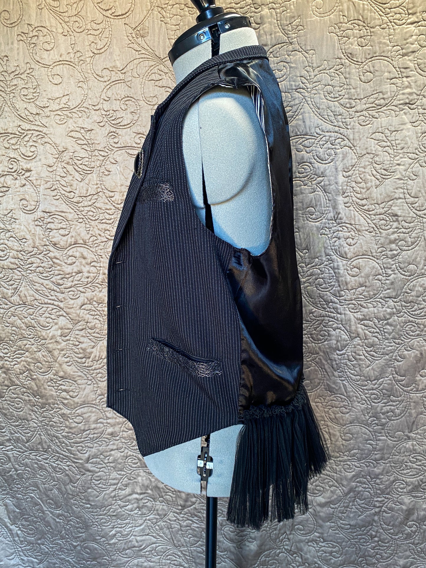 Black Pinstripe Upcycled Steampunk Vest - Lace Trim, Chain Detail, Tulle Ruffle - Gothic, Victorian, Cosplay - Small