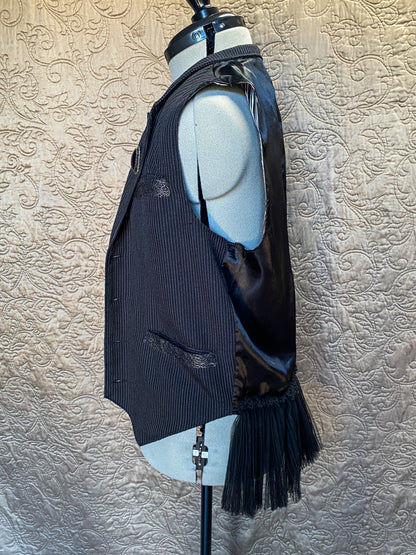 Black Pinstripe Upcycled Steampunk Vest - Lace Trim, Chain Detail, Tulle Ruffle - Gothic, Victorian, Cosplay - Small