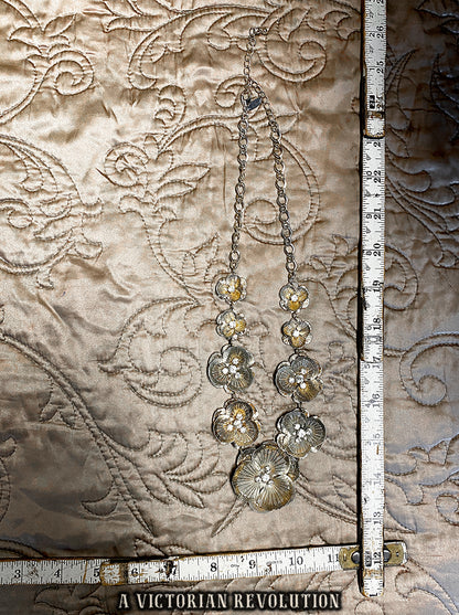1950s Vintage Silver Tone Floral Bib Necklace - Textured Layered Petals & Rhinestone Centers - Mid Century Costume Jewelry