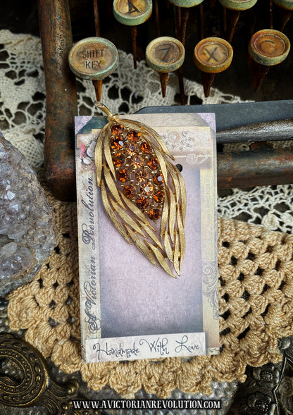 Vintage Amber Rhinestone Wheat Sheaf Brooch - Gold Tone - Fall Floral - 1960s