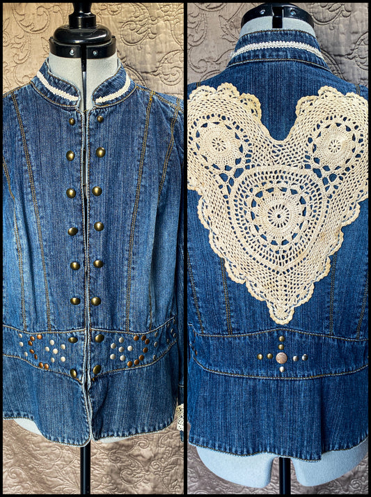 Denim Short Jacket w Studs and Heart on Back - Large