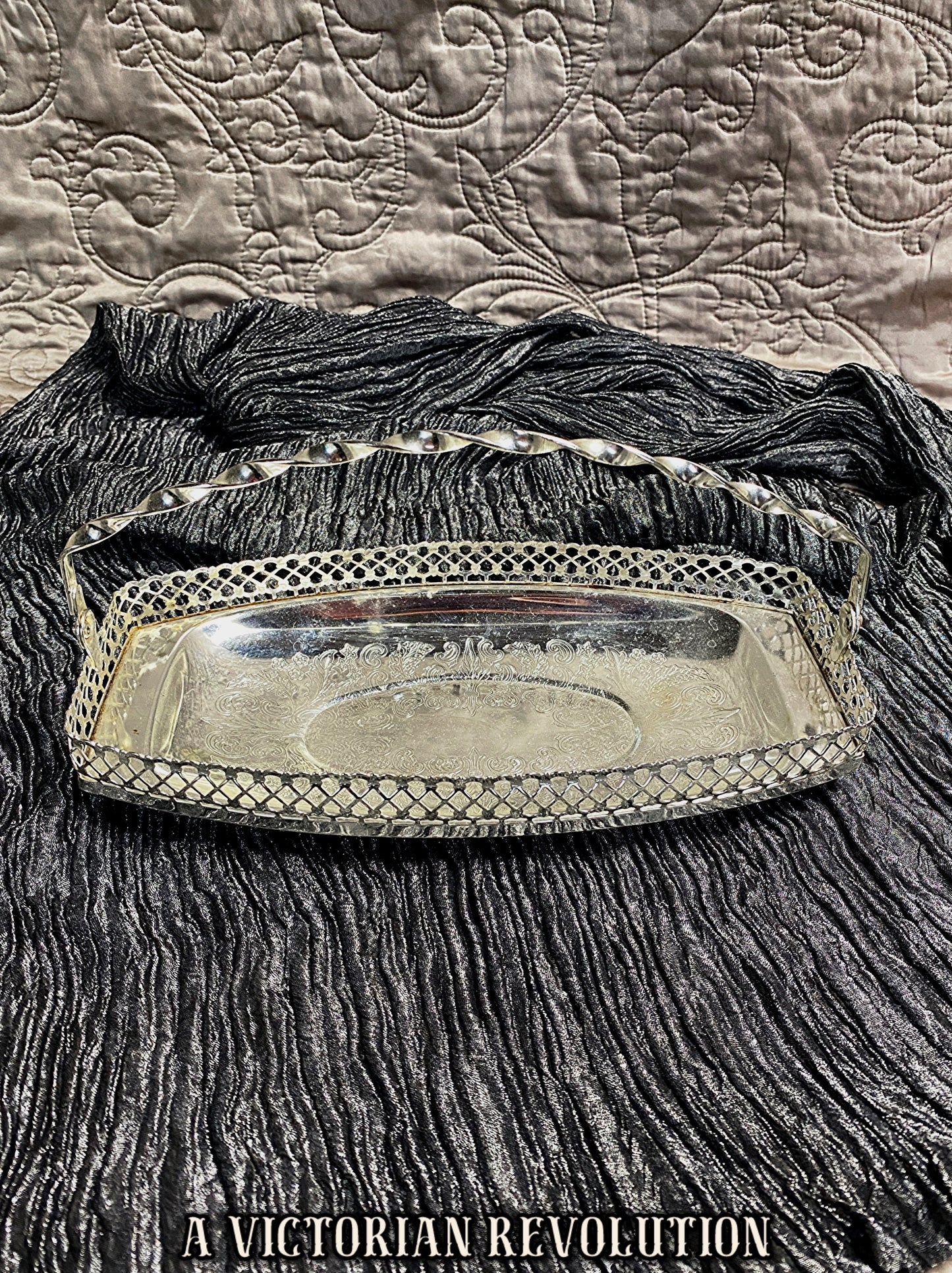 Silver-Plated Serving Tray/Basket - 1950s Vintage - Etched Floral Center - Twisted Swing Handle