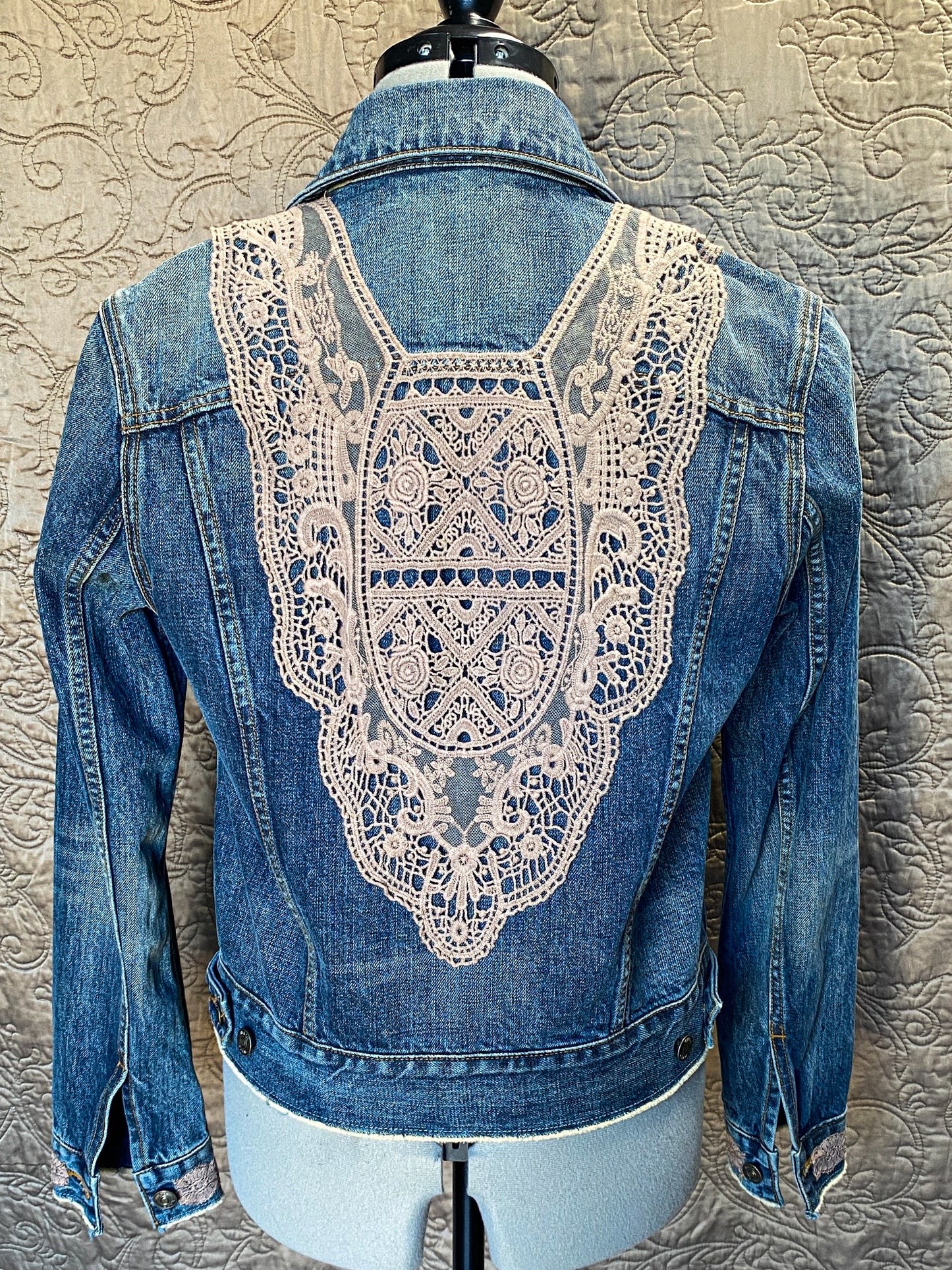 Upcycled Denim Jacket, Shabby Victorian Boho, Small, Crochet Lace Applique, Distressed Jean Jacket