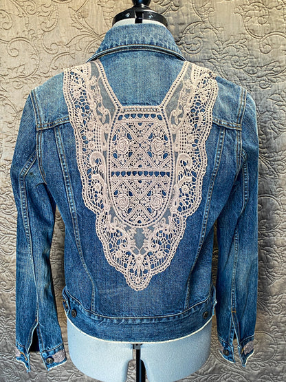Upcycled Denim Jacket, Shabby Victorian Boho, Small, Crochet Lace Applique, Distressed Jean Jacket