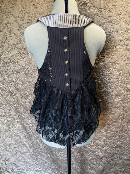 Black and Silver Open Front Peplum Vest - Steampunk - Lace, Sequin + Ruffle - Medium