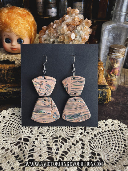 Multicolor Marbled Clay Dangle Earrings - Earthy Mauve Green and Black Swirl - Geometric Trapezoid Statement Style - Handmade Used Artisan Jewelry - Modern Retro Accessories