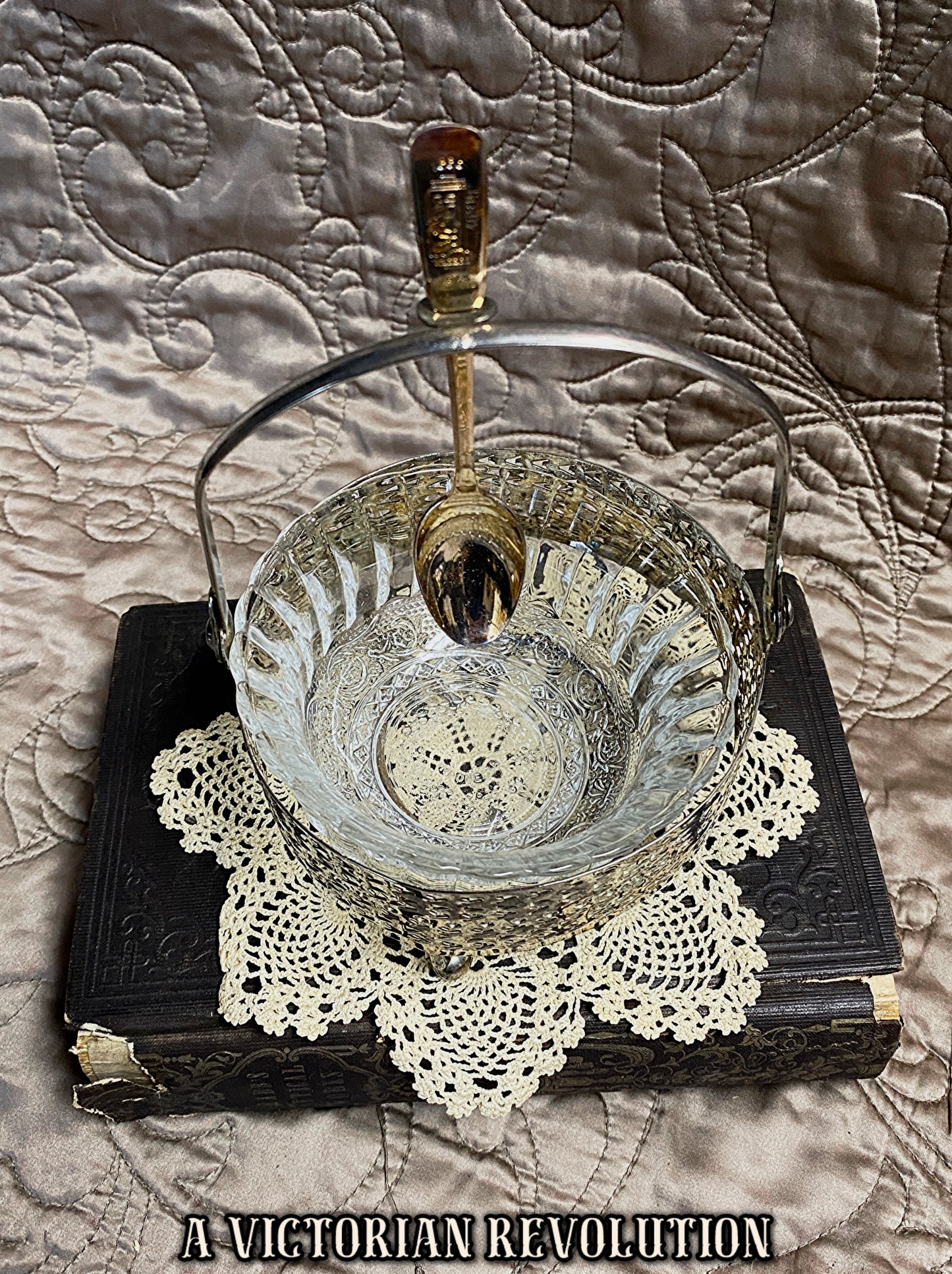 Victorian Style Silver Plated Condiment Caddy with Pressed Glass Insert and Serving Spoon