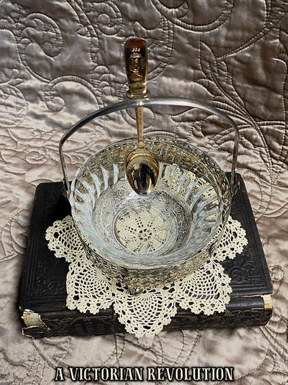 Victorian Style Silver Plated Condiment Caddy with Pressed Glass Insert and Serving Spoon