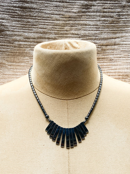 Black Hematite Necklace, Vintage Style Dark Gray Metallic Stone - Geometric Statement Necklace