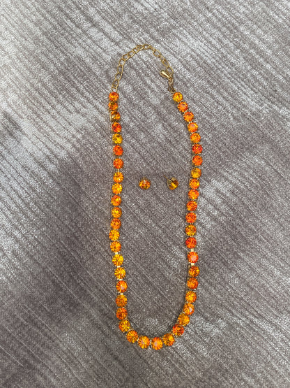 Tangerine Orange Rhinestone Tennis Necklace And Matching Stud Earring Set - Retro Style Costume Jewelry - Sunset Gold Ton