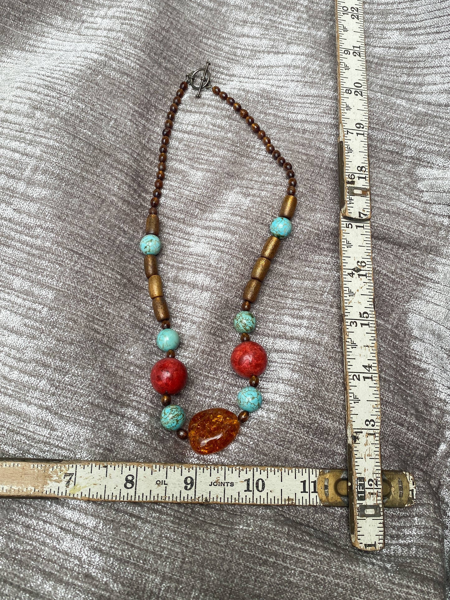 Vintage Chunky Wood with Amber and Turquoise Accents - Statement Necklace - Retro Earthy Boho Jewelry, Brown And Blue Beadwork
