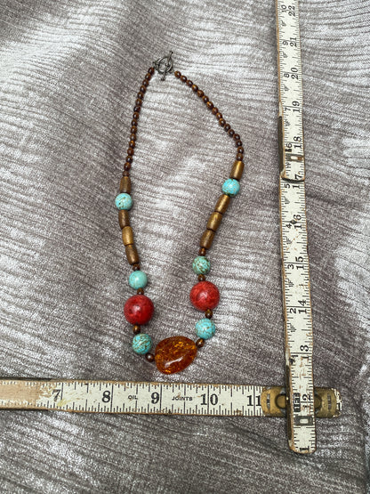 Vintage Chunky Wood with Amber and Turquoise Accents - Statement Necklace - Retro Earthy Boho Jewelry, Brown And Blue Beadwork