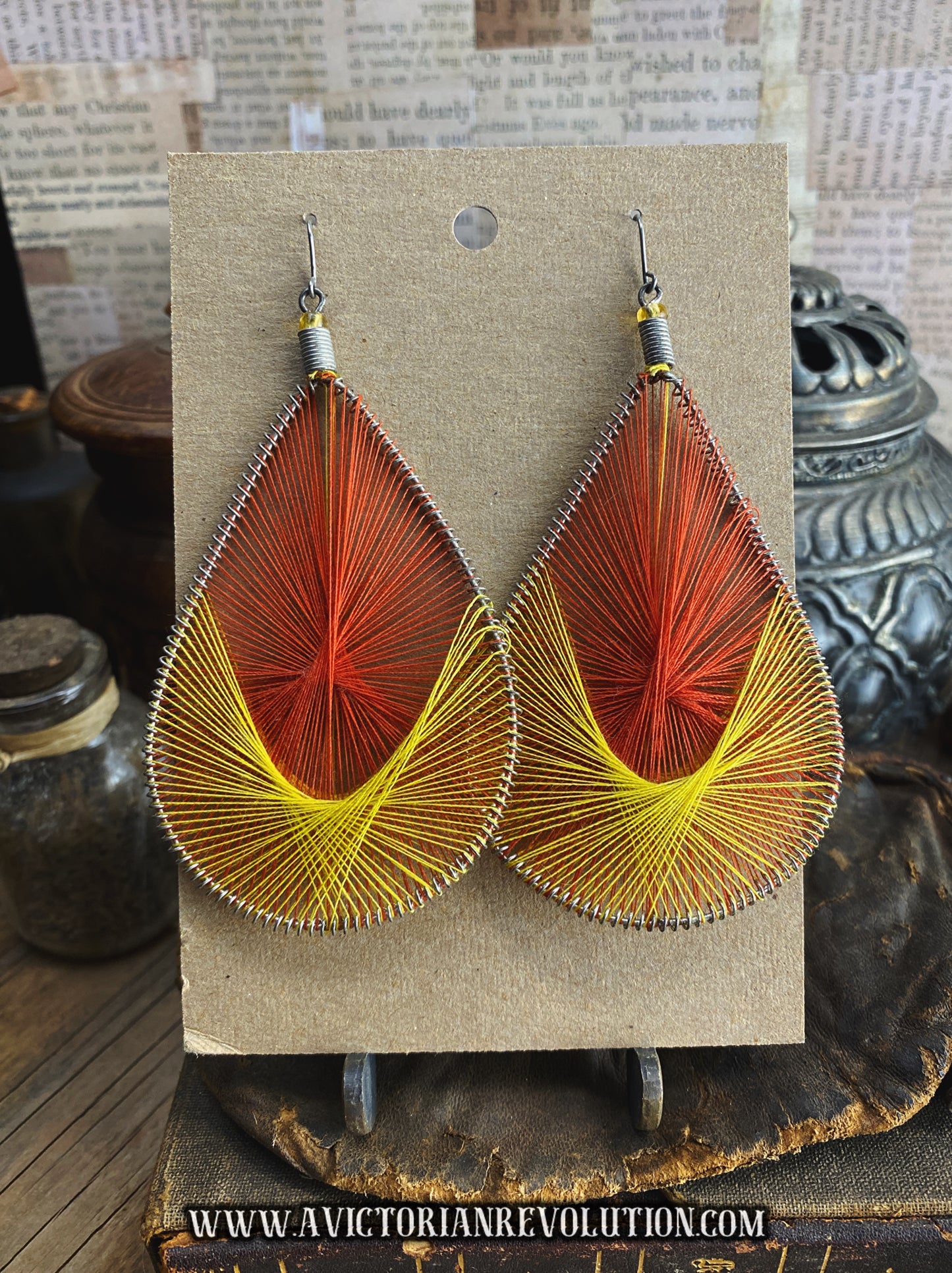 Red and Yellow, String Art, Teardrop Dangle Earrings - Handmade, Vintage, Boho Style