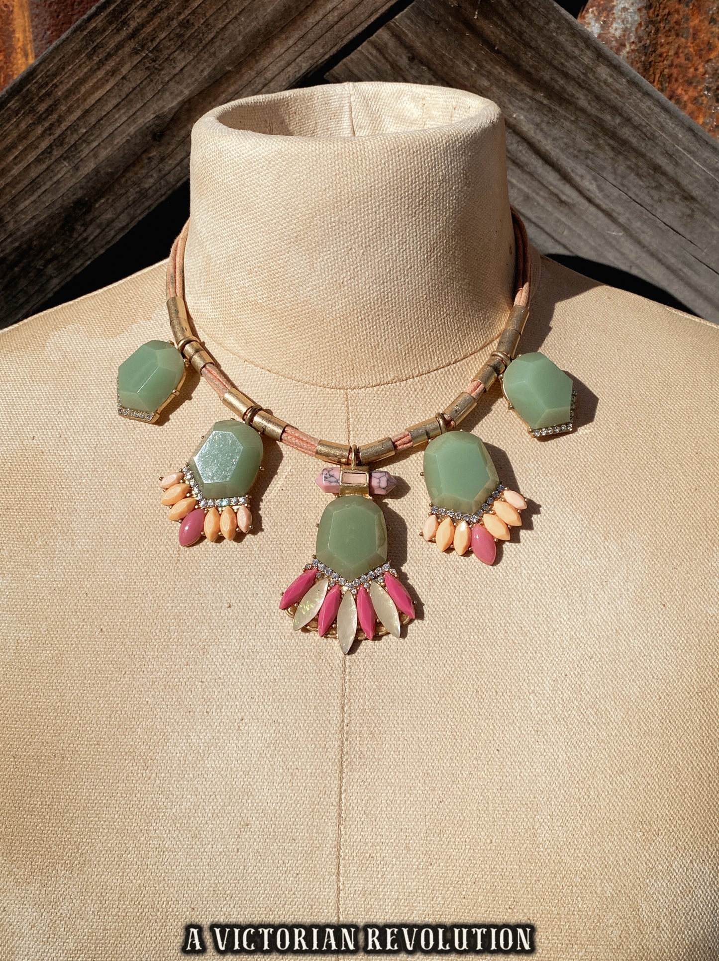 Green, Peach + Pink Cabochon Statement Necklace - Mod Revival Style - Mixed Media Multi Strand Collar