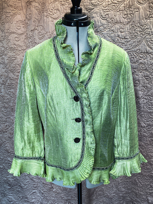 Iridescent Chartreuse Green Ruffled Jacket - Pleated Trim, Avant-Garde, Victorian Blouse - Size XL