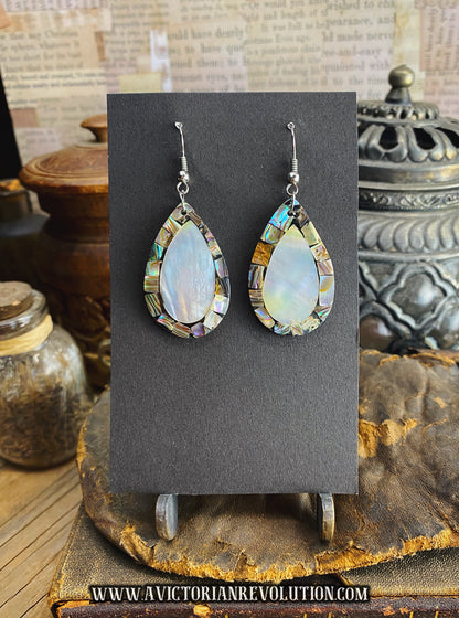 Iridescent White Mother of Pearl - Abalone Shell Mosaic Inlay - Teardrop Dangle Earrings - Used - Vintage Style