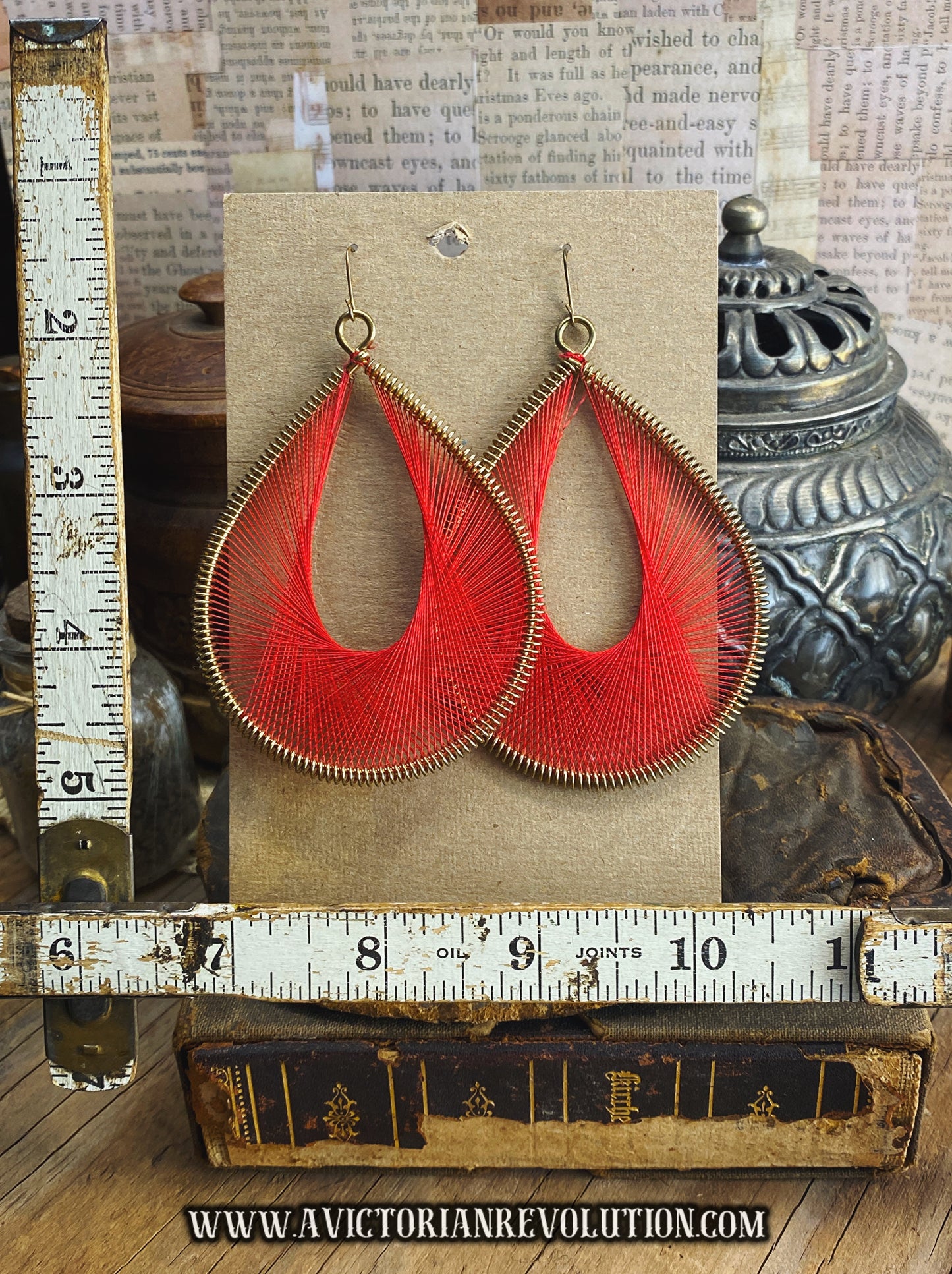 Vibrant Red Thread Wrapped Wire Teardrop Dangle Earrings, Bohemian Handmade Style, Vintage Inspired Fashion, Used
