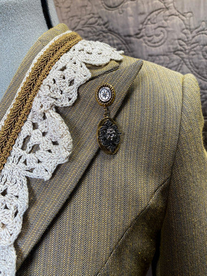 Tan Pinstripe Blazer - Handmade Upcycled Crochet Lace Victorian Steampunk Jacket - Size Small