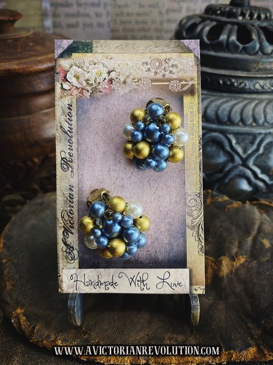 Blue and Gold Faux Pearl Cluster Clip On Earrings - Vintage