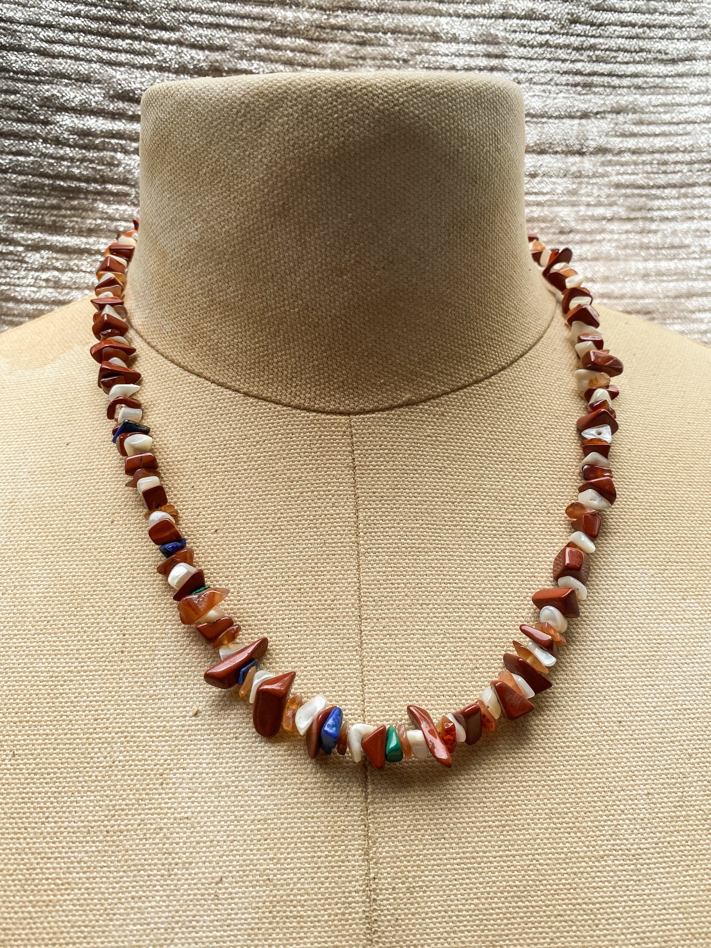 Vintage Red Jasper, Mother Of Pearl, Lapis Lazuli, Malachite and Carnelian Chip Necklace - Retro Style Natural Stone Jewelry