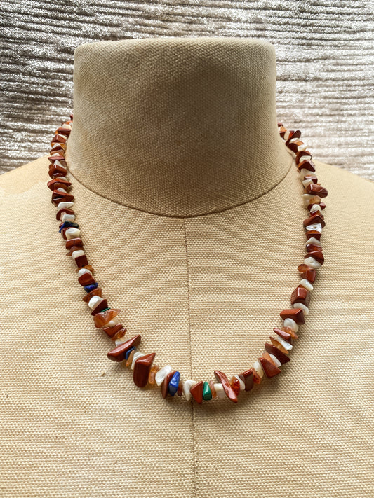 Vintage Red Jasper, Mother Of Pearl, Lapis Lazuli, Malachite and Carnelian Chip Necklace - Retro Style Natural Stone Jewelry