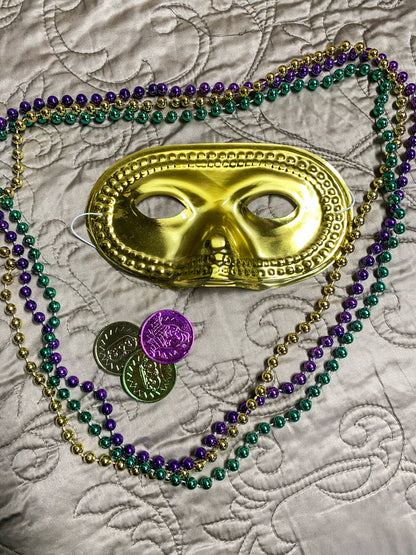 Gold Metallic Masquerade Mask, Purple Green Gold Plastic Beaded Necklaces, Festive Carnival Doubloons, Retro Style Mardi Gras Party Set