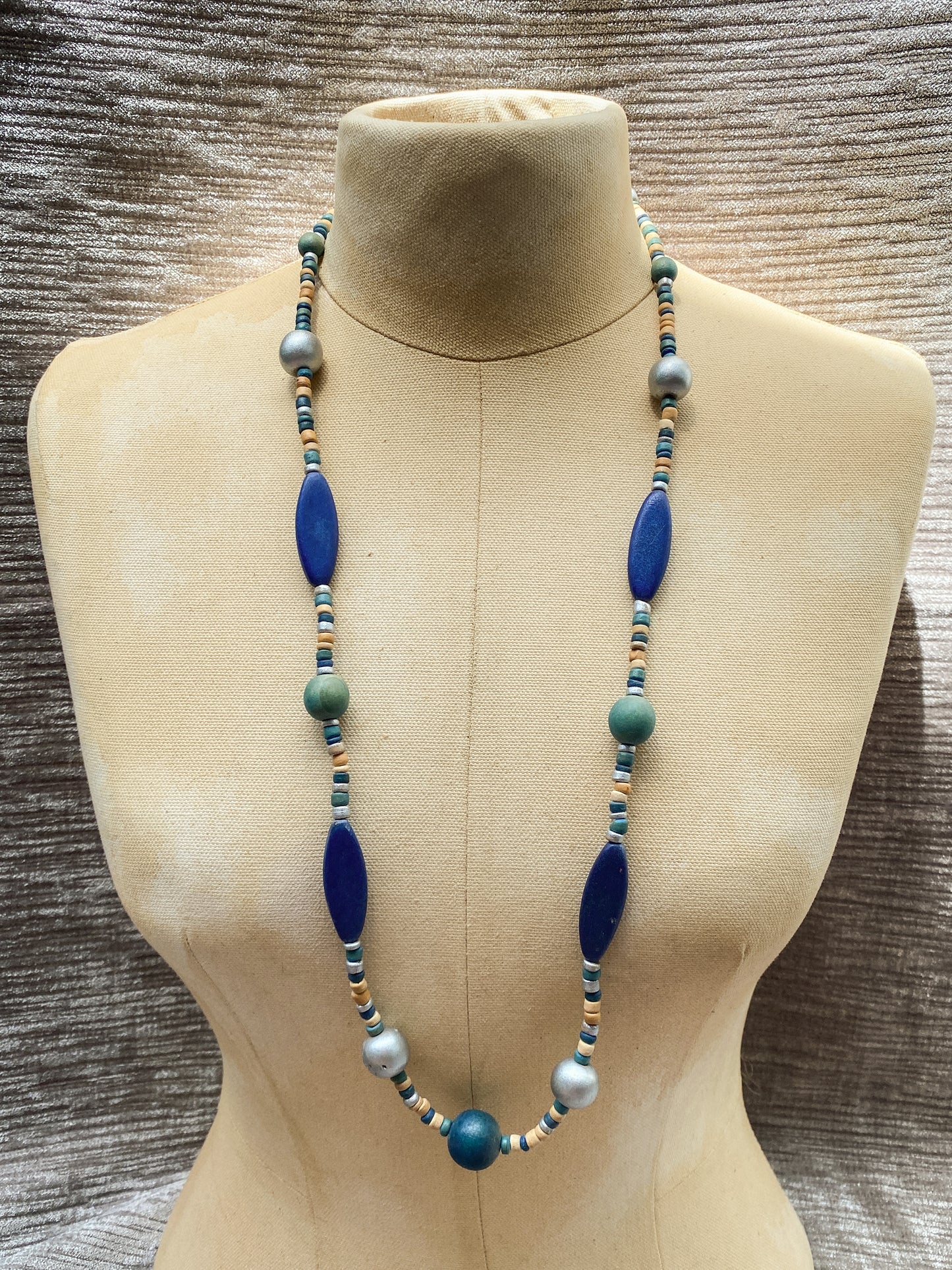 Cobalt Blue And Teal Painted Wood Chunky Bead Necklace - Long Strand Vintage Boho Jewelry