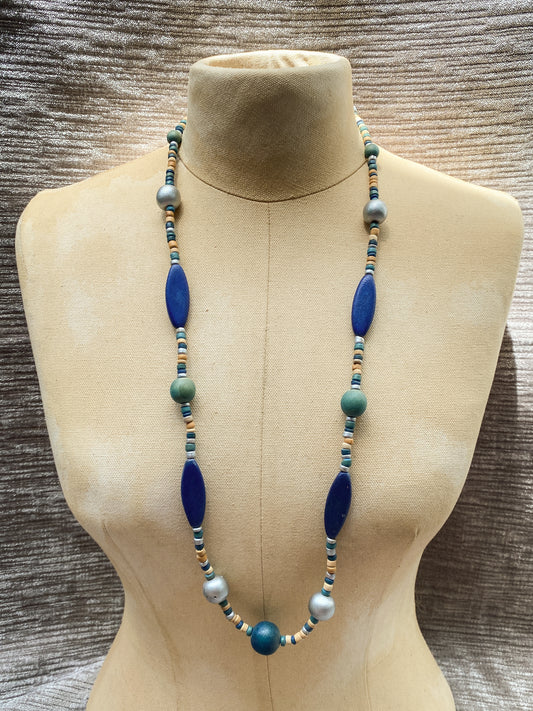 Cobalt Blue And Teal Painted Wood Chunky Bead Necklace - Long Strand Vintage Boho Jewelry