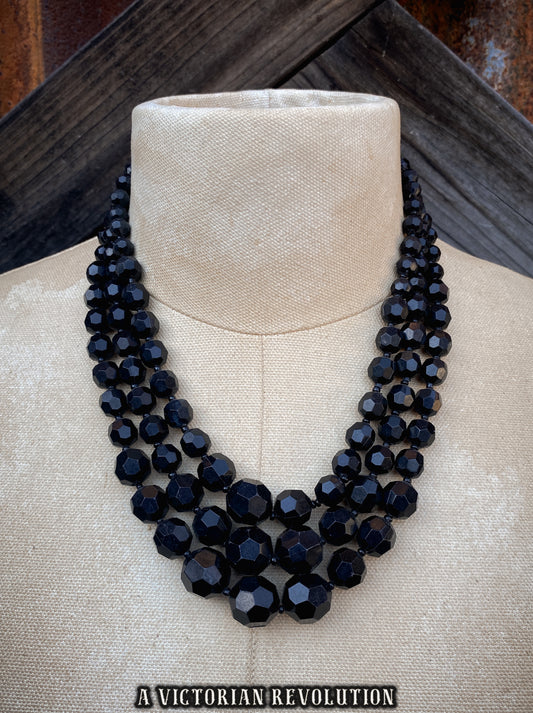 Black, Triple Strand, Faceted Bead, 1960s Style, Retro Bib Necklace