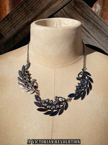 Silver Tone Botanical Leaf Necklace - Black and Clear Rhinestones, Nature Inspired Statement Piece