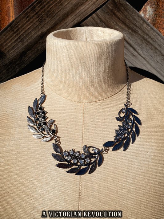 Silver Tone Botanical Leaf Necklace - Black and Clear Rhinestones, Nature Inspired Statement Piece