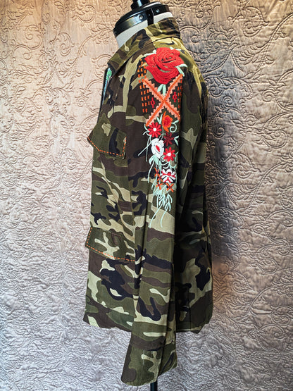 Green and Brown Reversible Zip-Up Johnny Was Jacket - Camo + Floral Embroidered Sleeve Shirt - Size Medium