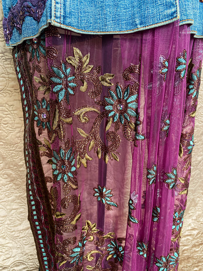 Blue + Purple Upcycled Denim Jacket with Sheer Embroidered Skirt - Boho Chic Artisan Wear - Plus Size 18/20 - Embellished - One-of-a-Kind - Floral Embroidery + Lace Trim