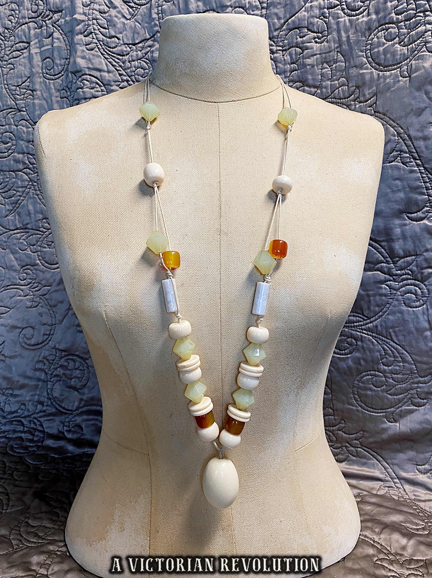 Vintage 1970s Art Deco Revival Knotted Bead Necklace with Cream Amber + Green Beads