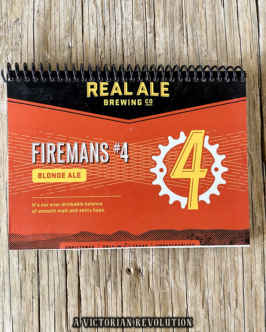 Handmade Upcycled Real Ale Brewing Co Firemans #4 Blonde Ale Beer Box Spiral Notebook – Texas Craft Beer Enthusiast Journal – Recycled Eco-Friendly Stationery Gift