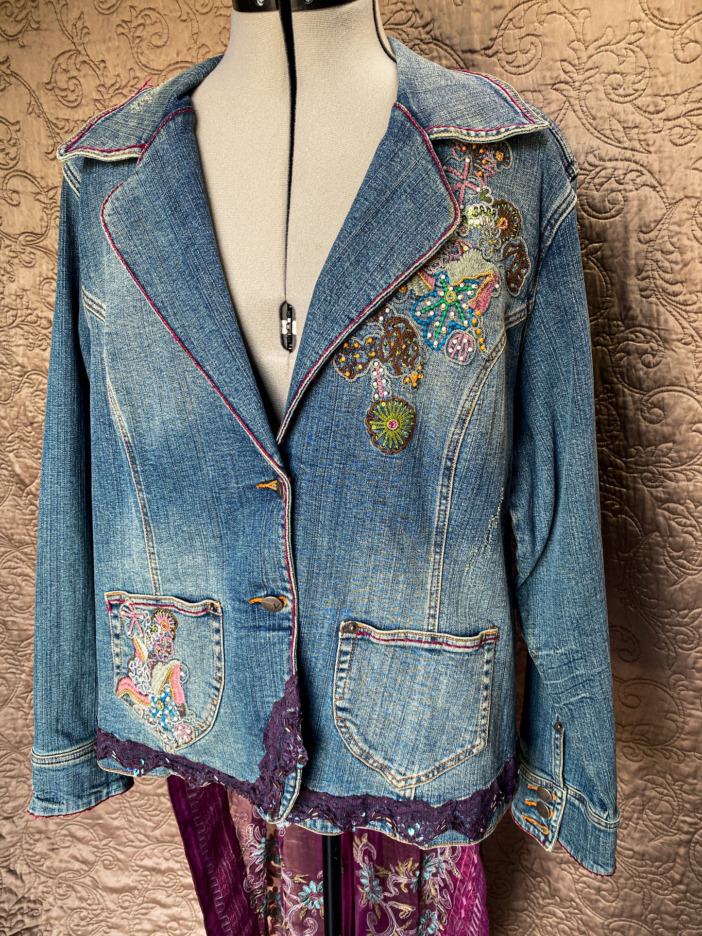 Blue + Purple Upcycled Denim Jacket with Sheer Embroidered Skirt - Boho Chic Artisan Wear - Plus Size 18/20 - Embellished - One-of-a-Kind - Floral Embroidery + Lace Trim