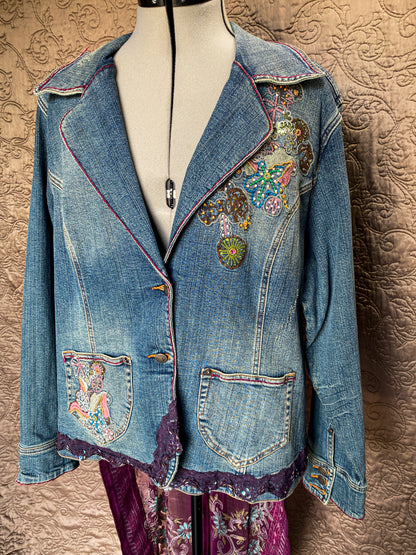 Blue + Purple Upcycled Denim Jacket with Sheer Embroidered Skirt - Boho Chic Artisan Wear - Plus Size 18/20 - Embellished - One-of-a-Kind - Floral Embroidery + Lace Trim