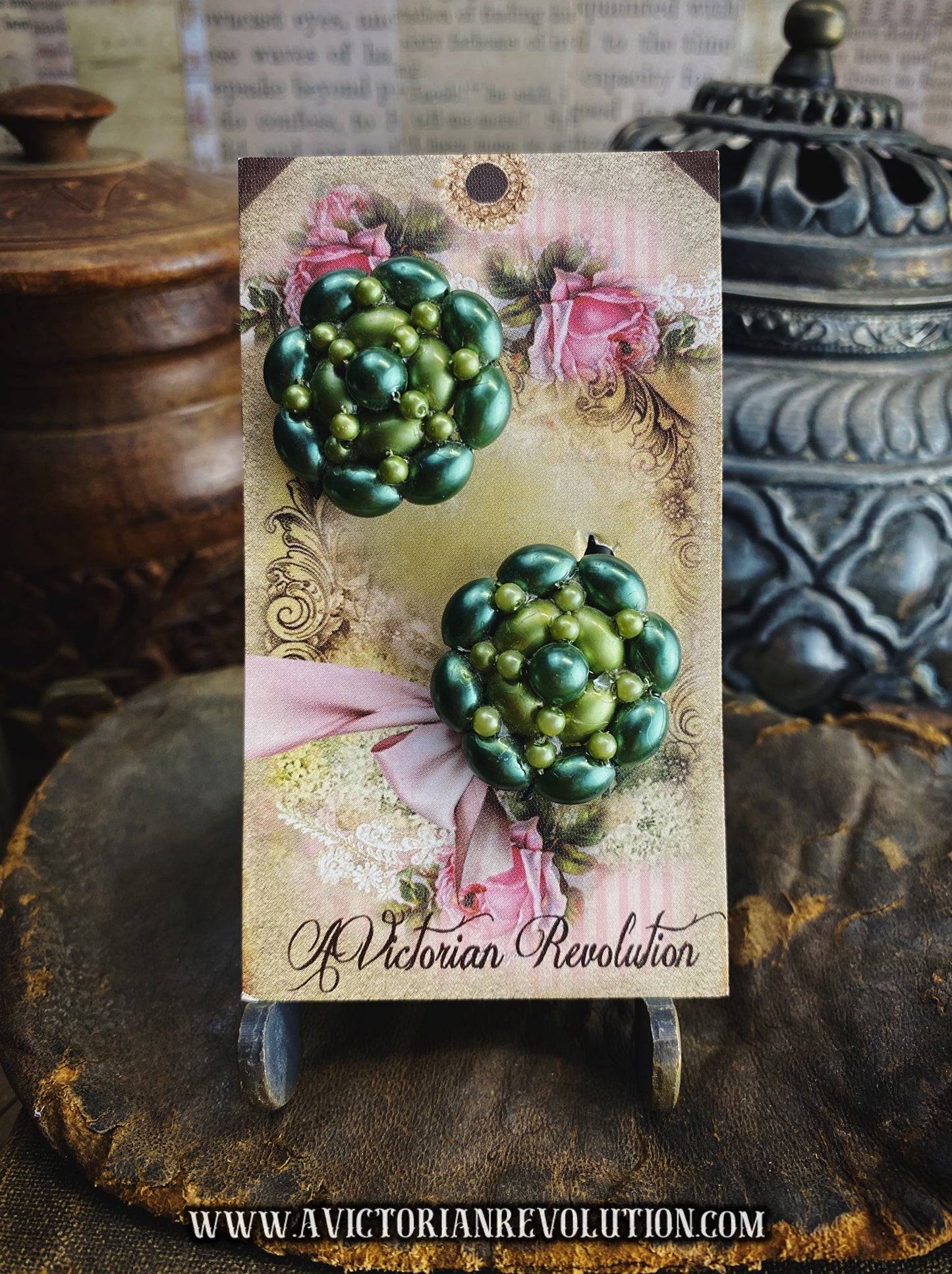Deep Forest Cluster Bead Earrings - Green Faux Pearl and Glass - Vintage - Mid-Century Style - 1950s/60s Era