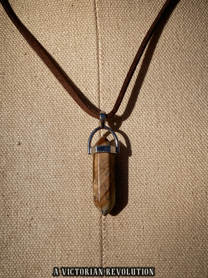 Picture Jasper - Pointed Hexagonal Pendant - Vegan Faux Suede Cord - Earthy Minimalist Style