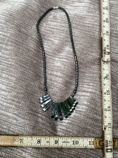 Black Hematite Necklace, Vintage Style Dark Gray Metallic Stone - Geometric Statement Necklace