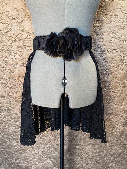 Black Lace Overskirt Bustle - Gothic Steampunk - Floral Belt Accessory
