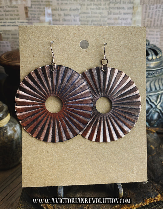 Copper-Toned Radial Sunburst Dangle Earrings, Handmade, Textured Corrugated Disks, Boho Style