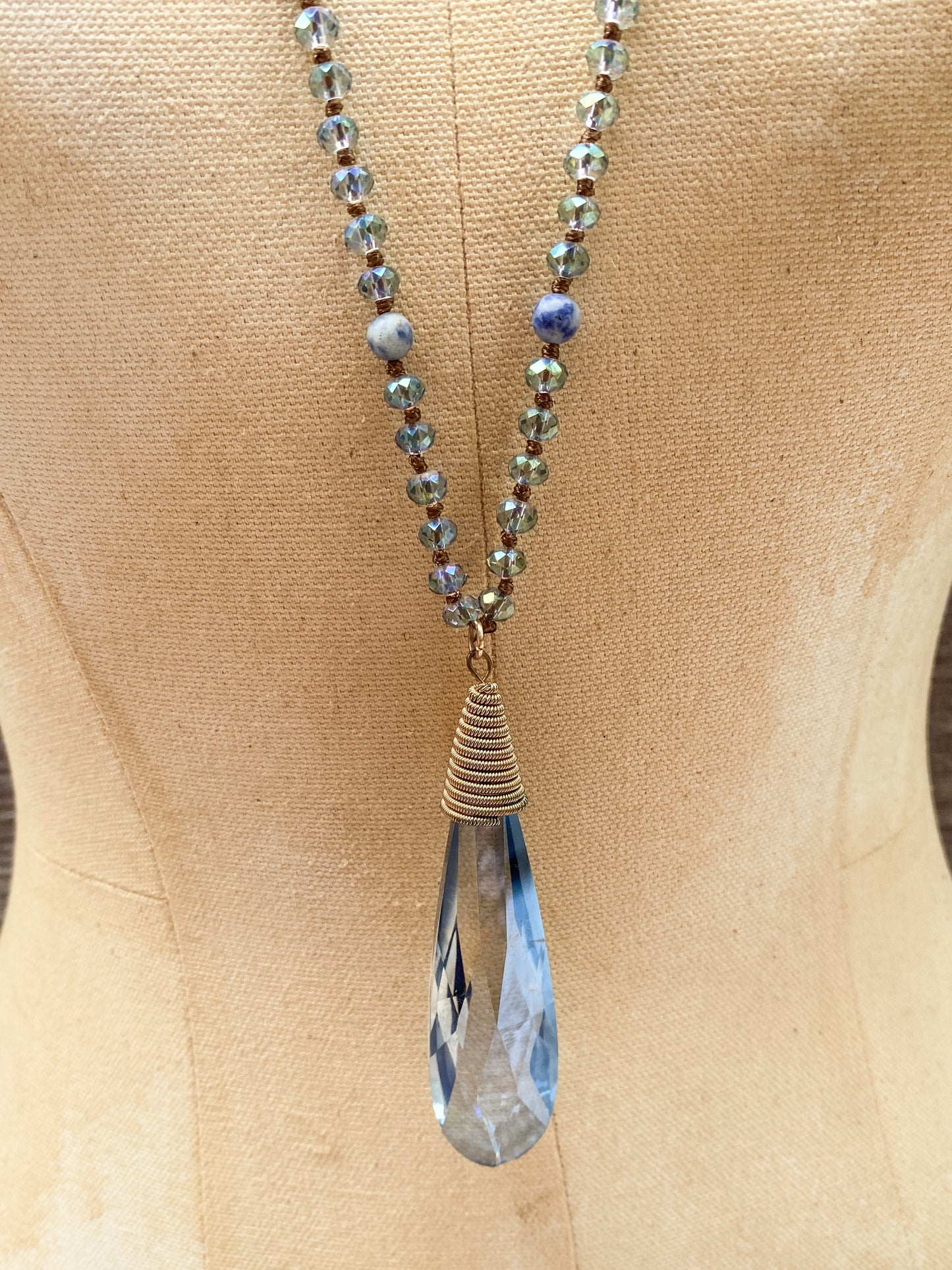 Long Sodalite And Blue Faceted Bead Necklace, Large Teardrop Pendant, Retro Boho Style, Elegant Cobalt And Marbled Blue