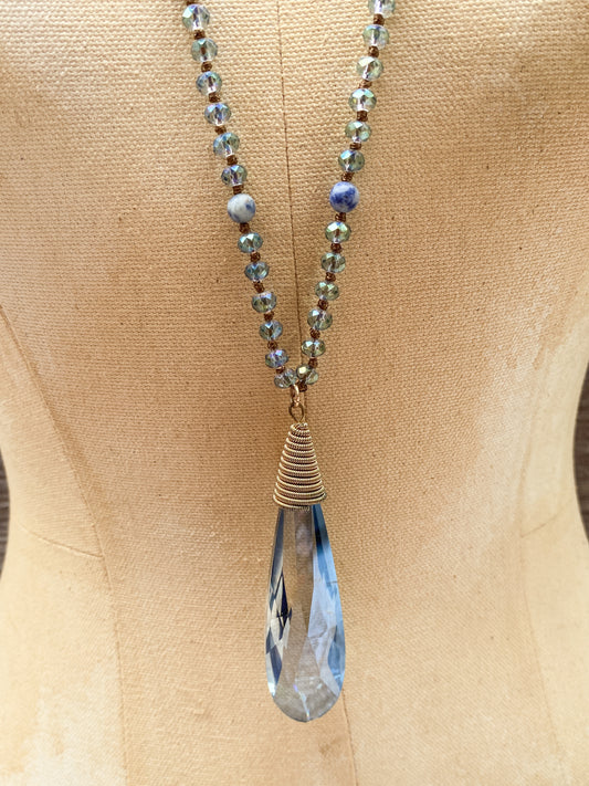 Long Sodalite And Blue Faceted Bead Necklace, Large Teardrop Pendant, Retro Boho Style, Elegant Cobalt And Marbled Blue